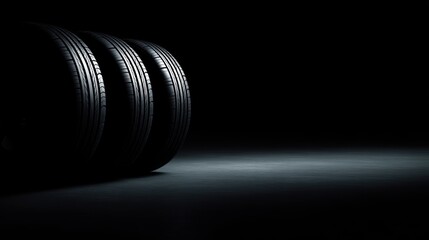 Studio shot of four black car tires aligned horizontally, dramatic lighting, dark ambient on black background