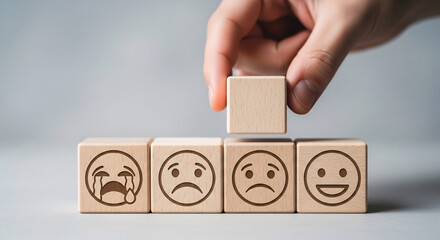 A hand placing a blank wooden block on top of blocks with different emotion icons