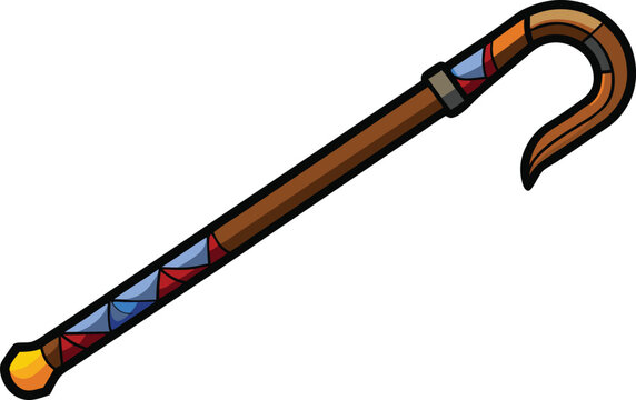 Stylized wooden cane with decorative banding and hooked handle