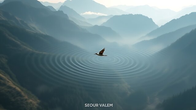 infrasound. Mountain valley with concentric sound ripples in air, a bird in flight creating acoustic patterns through morning mist. travel magazines.