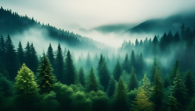 misty forest landscape dense evergreen trees misty atmosphere green hues tranquil scene nature mountain forest wooded area misty fog trees nature green misty forest moody atmospheric