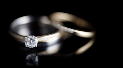 Selective focus on bride and groom rings, elegant jewelry, dramatic lighting on black background