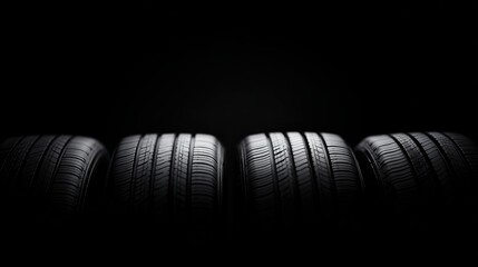 Horizontal lineup of four car tires, detailed tread pattern visible, dark ambient studio setup, black background