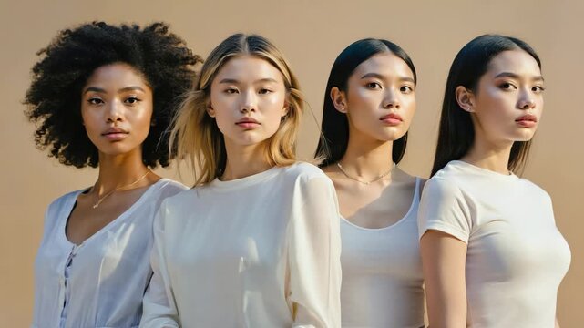 four diverse women with natural beauty on beige background