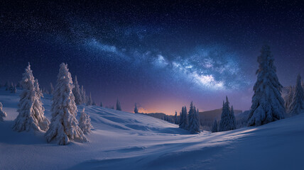 Naklejka premium Winter, christmas winter, snowfall in winter snowy winter landscape under a starry night sky with the milky way visible above snowcovered trees and rolling hills
