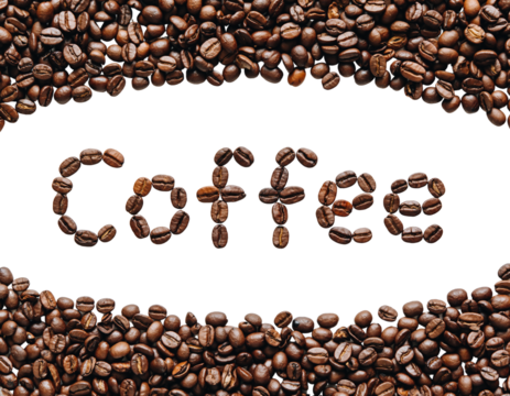 Coffee word written with coffee beans on transparent background png