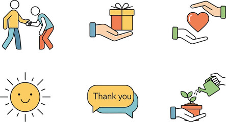 Collection of icons representing kindness, gratitude, and growth in a simple, modern style.