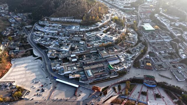 Aerial shot of Kumbum Monastery in Xining, Qinghai, a Tibetan Buddhist monastery