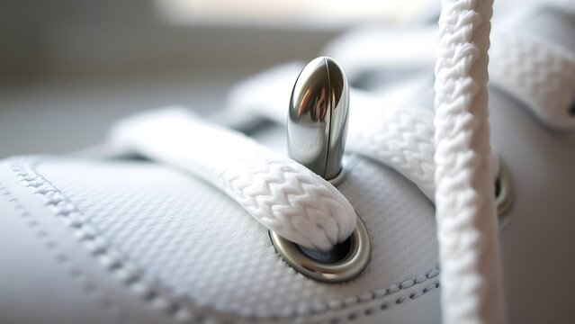 osmium. Polished metal aglet at the end of a white shoelace with metallic texture. lifestyle magazines, social media lookbooks, designed for lifestyle magazines and social media content.