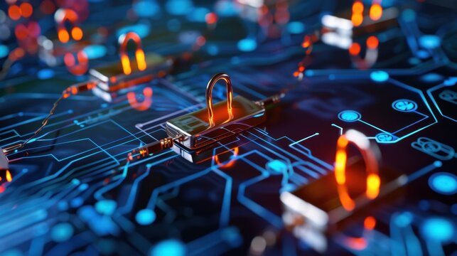 Abstract Digital Circuit Board with Security Locks and Bright Colorful Lights for Technology Conceptual Background