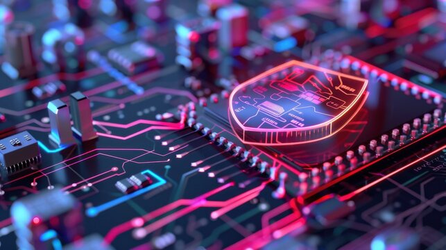 Futuristic Circuit Board with Digital Shield Icon Representing Cybersecurity and Protection in Technology
