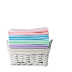 Stack of colorful folded fabric in a white basket isolated on transparent background