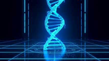 Glowing blue DNA helix standing on a digital grid with neon reflections, advanced biotech visualization and high-tech molecular structure concept - Powered by Adobe