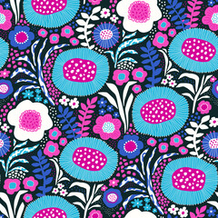 Vivid florals burst against a dark background, blending bold energy with a touch of mystery. Floral seamless pattern.