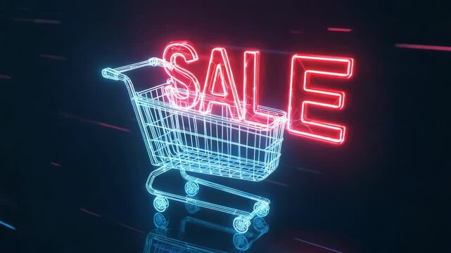 Neon glowing grocery cart. Seasonal Black Friday sale concept, online shopping - Powered by Adobe