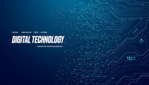 Abstract digital technology background with glowing blue circuit board patterns and data streams