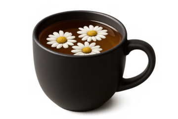 Chamomile tea in black mug, soothing herbal drink with floating flowers, promoting relaxation and wellness, transparent background
