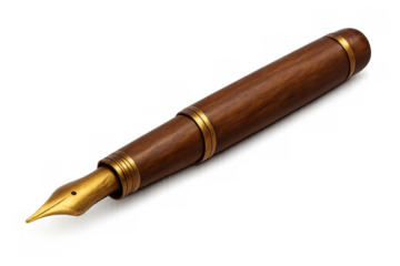 Vintage wood fountain pen with golden nib and trim, representing education, writing, and luxury on transparent background