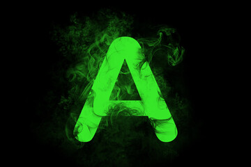 Glowing green letter A with smoky neon effect on a dark background, perfect for digital art, wallpaper, or logo design.