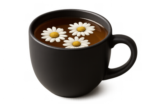 Chamomile tea in black mug, soothing herbal drink with floating flowers, promoting relaxation and wellness, transparent background