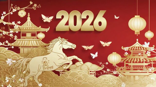 Happy Chinese new year 2026 greeting card with horse. Lunar calendar animal