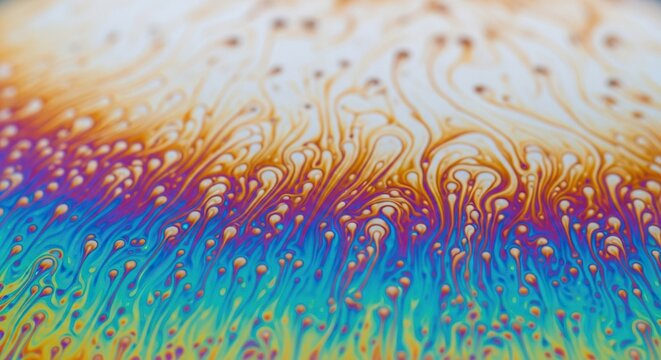 Vibrant iridescent soap bubble surface swirls with mesmerizing patterns of blue, purple, orange, and yellow light reflections