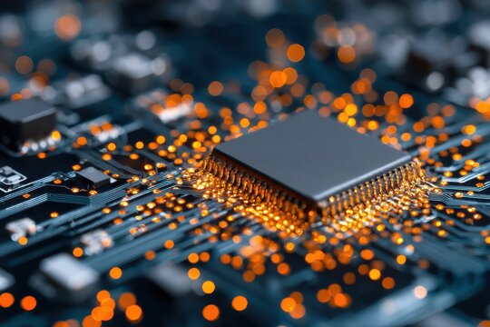 Close-up of a square chip on a printed circuit board with copper pathways and bright orange dots highlighting connections and dynamic elements in a blurred background