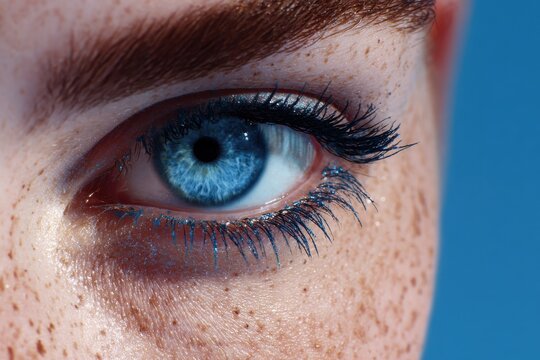 Close-up of a bright blue iris with freckles, elegantly enhanced lashes, and shimmery eyelids against a soft blue background, showcasing natural beauty and eye-catching makeup techniques