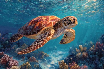Obraz premium Marine turtle swimming in clear ocean waters surrounded by vibrant corals and sea plants, creating a serene underwater landscape illuminated by shimmering light reflections