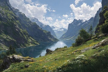 Breathtaking mountain valley landscape with vibrant wildflowers, serene river, and towering peaks under a clear blue sky for nature enthusiasts and landscape photography lovers