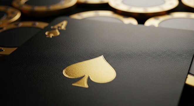 Stunning close up of an ace of spades card with golden poker chips creating a luxurious gambling and casino atmosphere for high stakes success