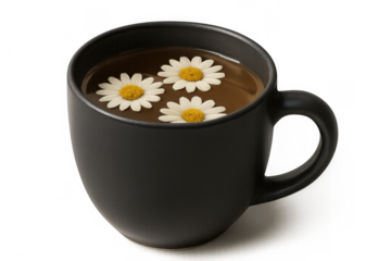 Chamomile tea in black mug with floating daisies, symbolizing relaxation, herbal wellness, and comforting hot beverage