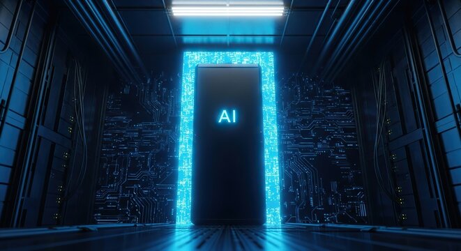 Unlock the future with a dynamic AI portal glowing with digital intelligence and futuristic circuitry creating a gateway to innovation.