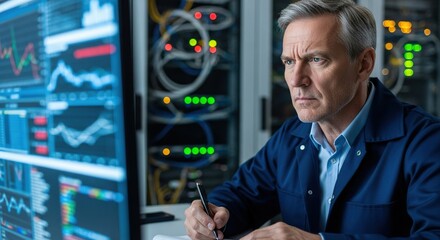 Focused IT professional analyzing complex data streams on glowing monitors in a server room environment, capturing critical insights for business.