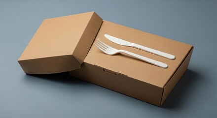 Sustainable takeout packaging with disposable cutlery ready for delicious meals, perfect for food delivery and eco conscious dining experiences