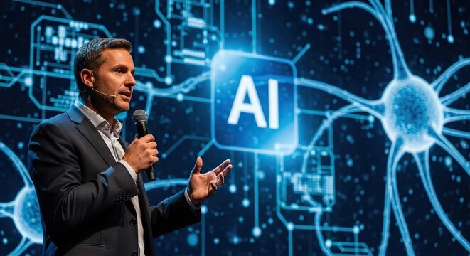 Dynamic speaker passionately presents AI innovation with neural network visuals inspiring future technology and business growth