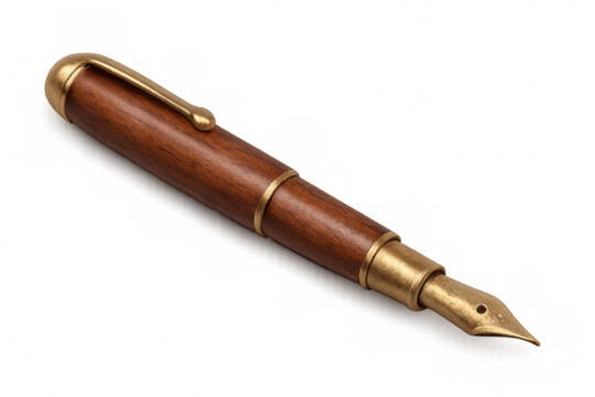 Fountain pen with wood barrel and brass details showing a luxury writing instrument with a classic design on transparent background