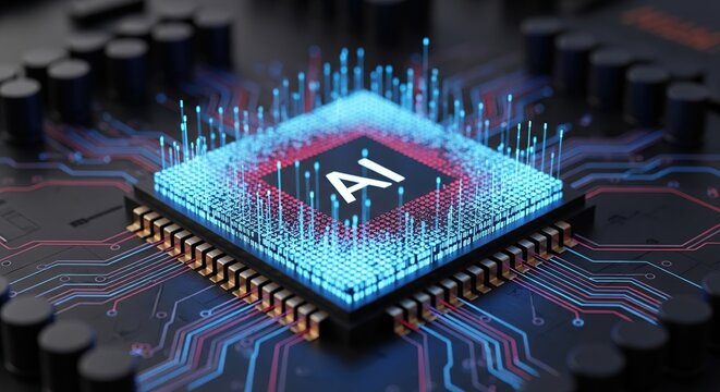 Dynamic AI chip illuminates with glowing data streams representing advanced technology and future innovation