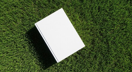 Blank white book rests on vibrant green grass casting a soft shadow, perfect for creative design and copy space in a serene outdoor setting