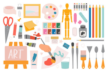 Creative collection of art tools, painting supplies, drawing equipment, and stationery essentials for artists and students, isolated on white background vector illustration