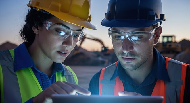 Dedicated construction professionals collaborate on tablet, planning project progress amidst industrial landscape at dusk, showcasing teamwork and innovation - Powered by Adobe