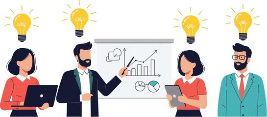 Team brainstorming ideas with lightbulbs above heads