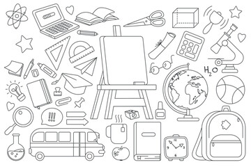 Hand drawn doodle set of school supplies, science tools, books, and classroom objects for back to school themes, isolated on white background vector illustration
