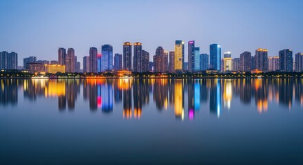 Skyline with buildings mirrored on water at dawn