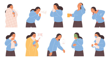 Sick woman showing cold and flu symptoms like coughing, sneezing, fever, headache, sore throat, tiredness, and chills, isolated on white background vector illustration