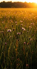 Golden hour light bathes a lush field of wildflowers, celebrating the season's peak. Warmth and natural beauty abound ,natural beauty ,warm ,natural