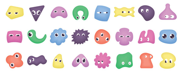 Playful set of various bright doodle shapes featuring expressive face emotions in a fun 3d matte style, isolated on white background vector illustration