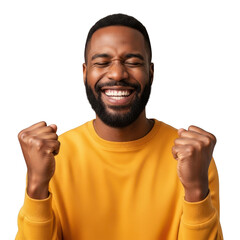 Man celebrating with closed eyes and clenched fists isolated on transparent background