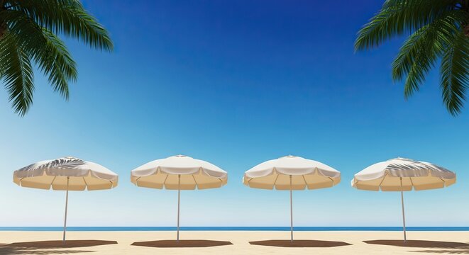 Serene tropical beach scene with palm fronds and white umbrellas offering perfect sunny day relaxation and vacation vibes