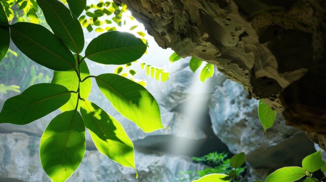 Sunlight Filtering Through Leaves in a Lush Green Cave with Natural Stone Formation and Vibrant Foliage